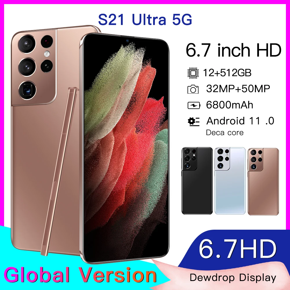 

S21 Ultra 5G 6.7inch HD Smartphone Android 11.0 Deca Core Global Version samsu Qualcomm 888 10 cores Unlocked Cell Phones
