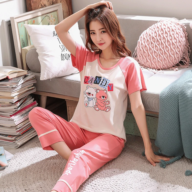 Пижама женская с коротким рукавом и брюками хлопковый осенний тонкий летний