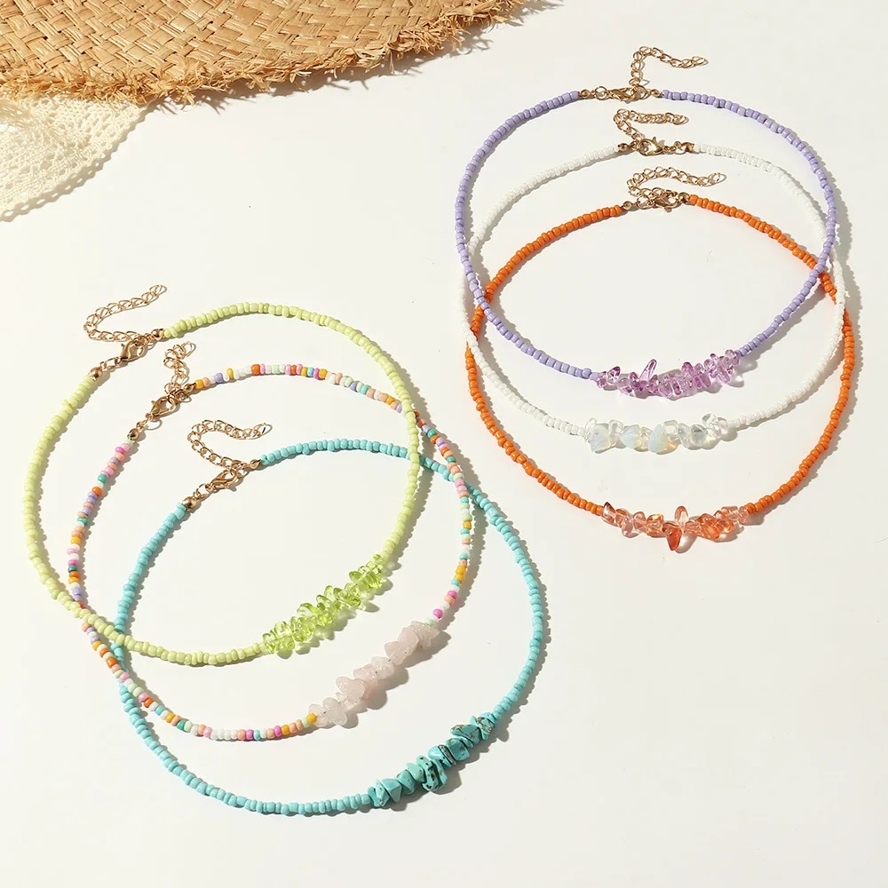 

Bohemian Colorful Beads Necklaces Womens Irregular Gravel Stone Super Fairy Neck Chain Choker Necklaces Jewelry For Girls Summer