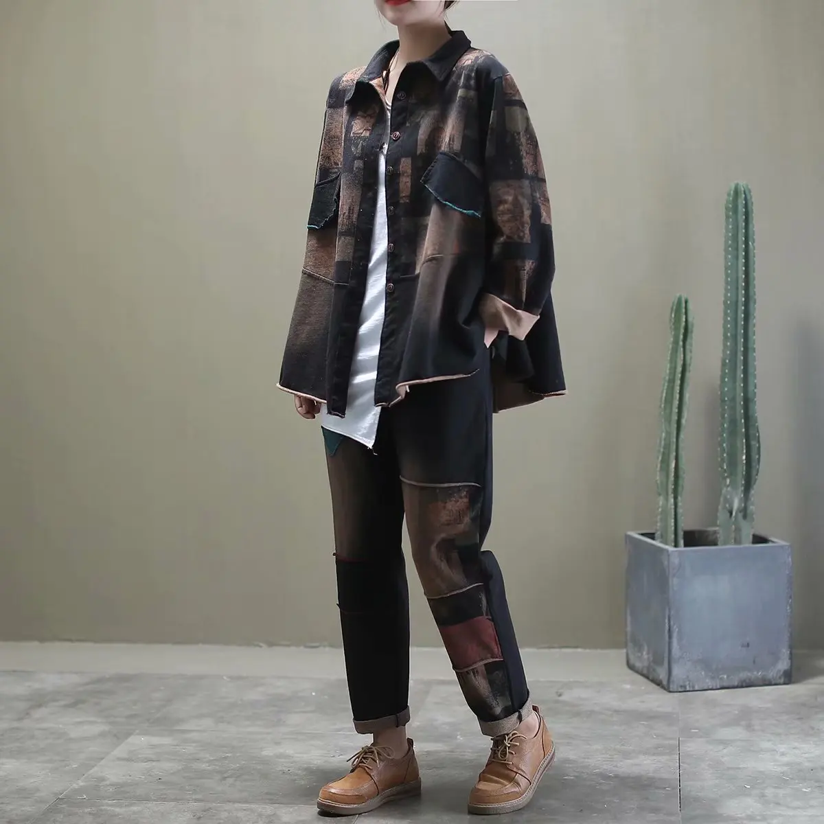 Повседневный Женский костюм с винтажным принтом свободная рубашка пуговицами и
