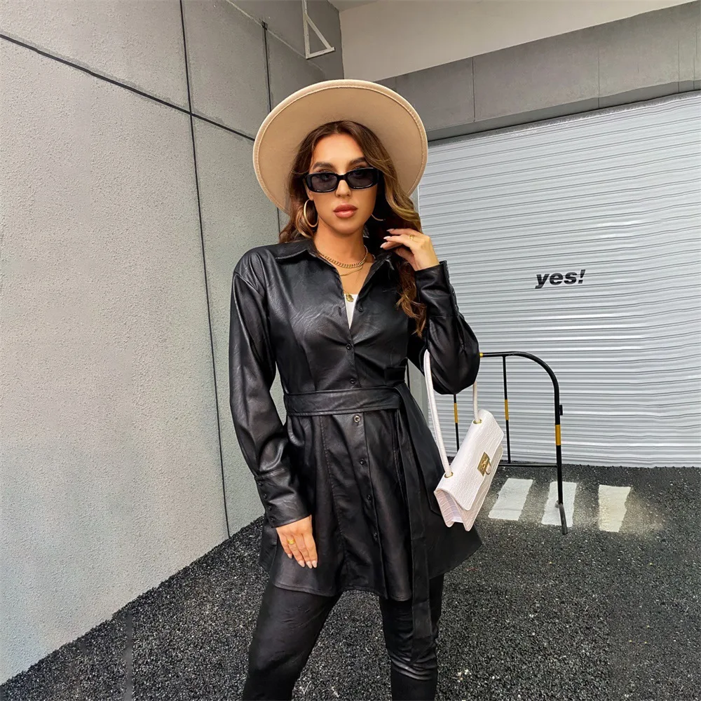Women 2021 Fashion Fit Flare Faux Leather Bandage Loose Coat Vintage Long Sleeve Female PU Leather Casual Outerwear Chic Coat