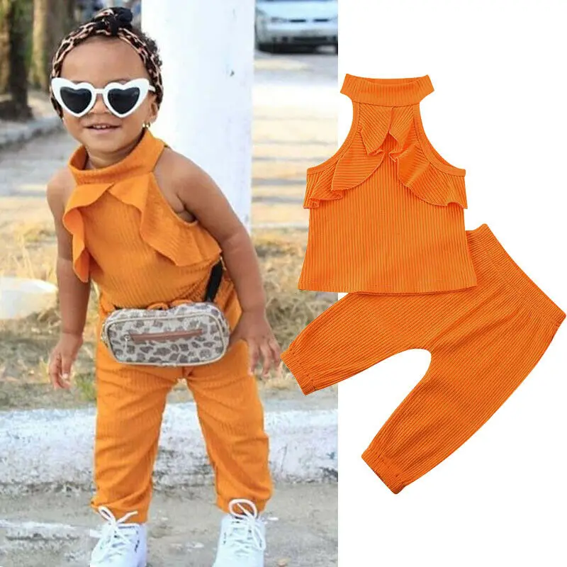 

Lovely Toddler Kid Baby Girl Clothes Set Summer Sleeveless Ruffles Tops+Long Pants Outfits 2Pcs Set Solid Color Children Clothes
