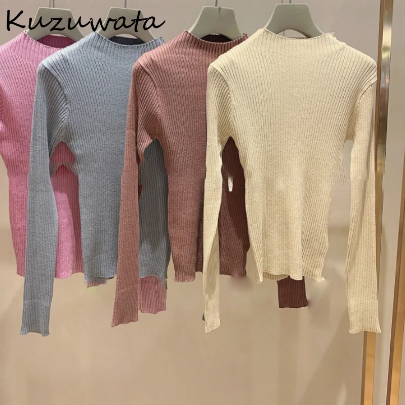 

Half-high Color Solid Collar Knitted Pullovers Autumn Winter Simple All-match Sweaters New Chic Slim Fit Femme Tops