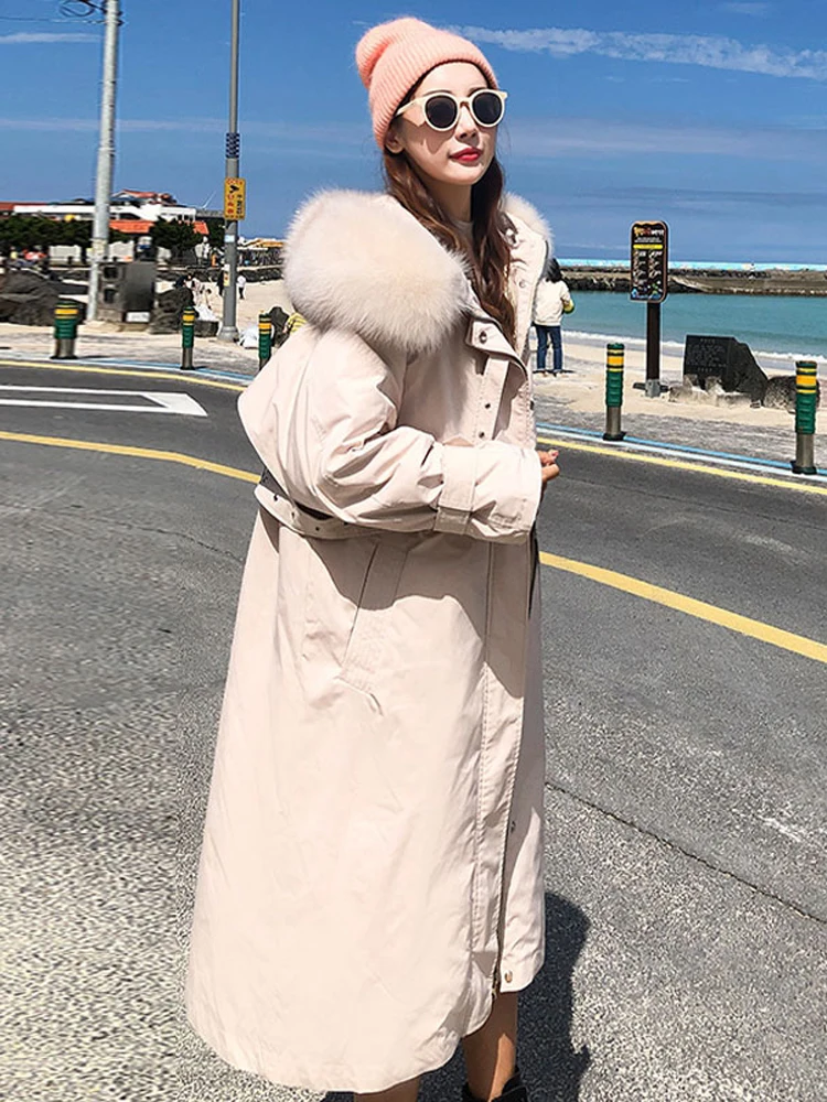 2022 women's windbreak coat duck down jacket parkas with natural real fox fur hood for female pink grey black blue plus big size