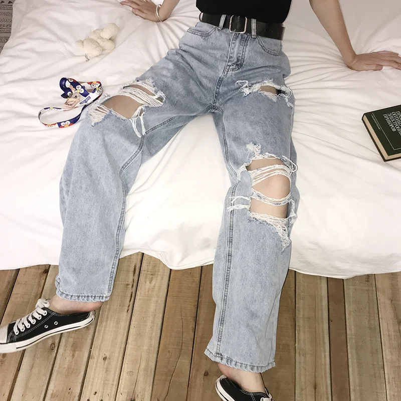 2020 New High Waist Ripped Jeans Women's hip hop Loose 5XL Women Pants Vintage Female Torn Trousers Streetwear KZ69 | Женская одежда