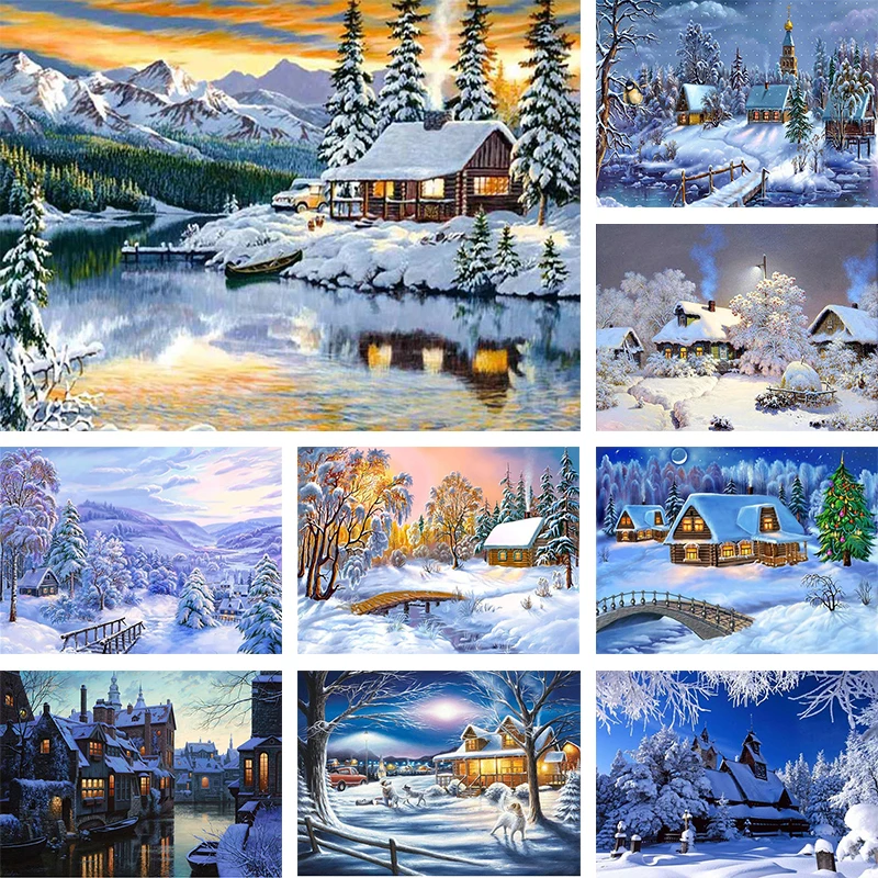 

5D Diamond Painting Snow Scenery Full Embroidery Cross Stitch Kit Round Diamond Winter Scenery Mosaic Pattern