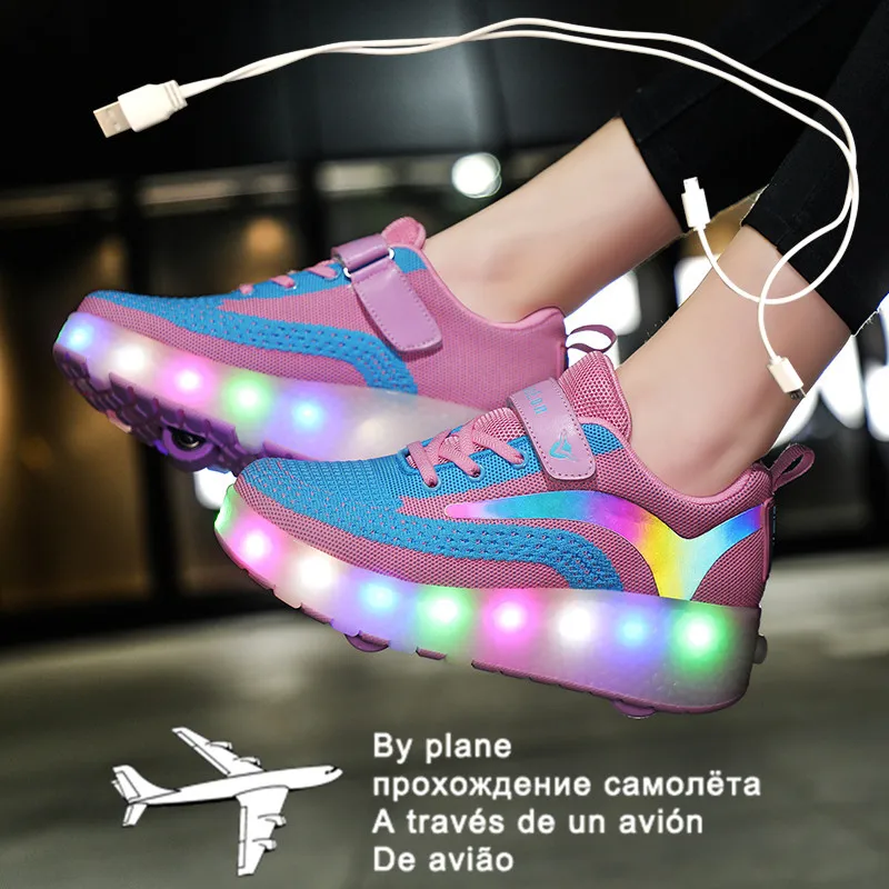 Детские светящиеся кроссовки с одним/двумя колесиками зарядка через USB