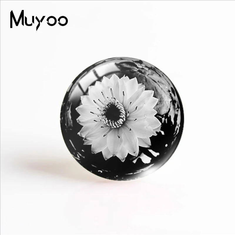 Новинка 2019 черный белый цветок фото стеклянный купольный кабошон круглые