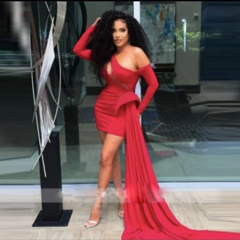 

Red Cocktail Dresses With Peplum Beads Sequins Side Train Off The Shoulder Yong Girls Party Prom Dress For Birthday Wear
