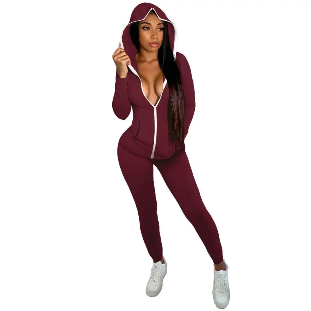 

Two Pieces Solid Women Tracksuits Autumn Hooded Collar Zipper Skinny Coats Pencil Pants Lady Sets For Casual Sports Party