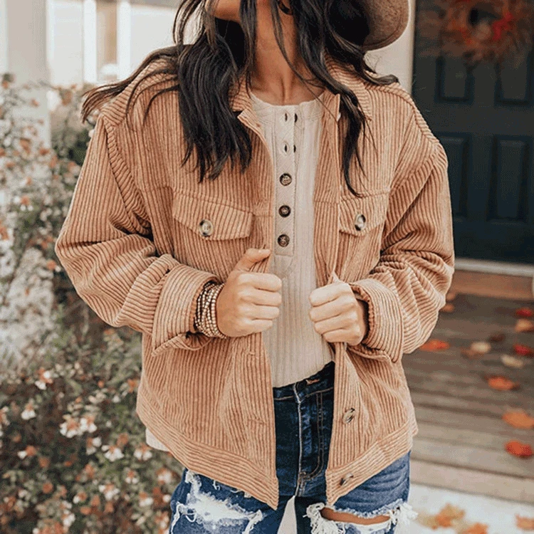 

Fashion streetwear corduroy jacket Women long sleeve turn-down collar button down shirt
