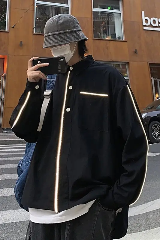 

2020 Spring And Autumn New Youth Fashion Men's Loose Solid Color Luminous Strip Long-sleeved Shirt Fashion Casual Top