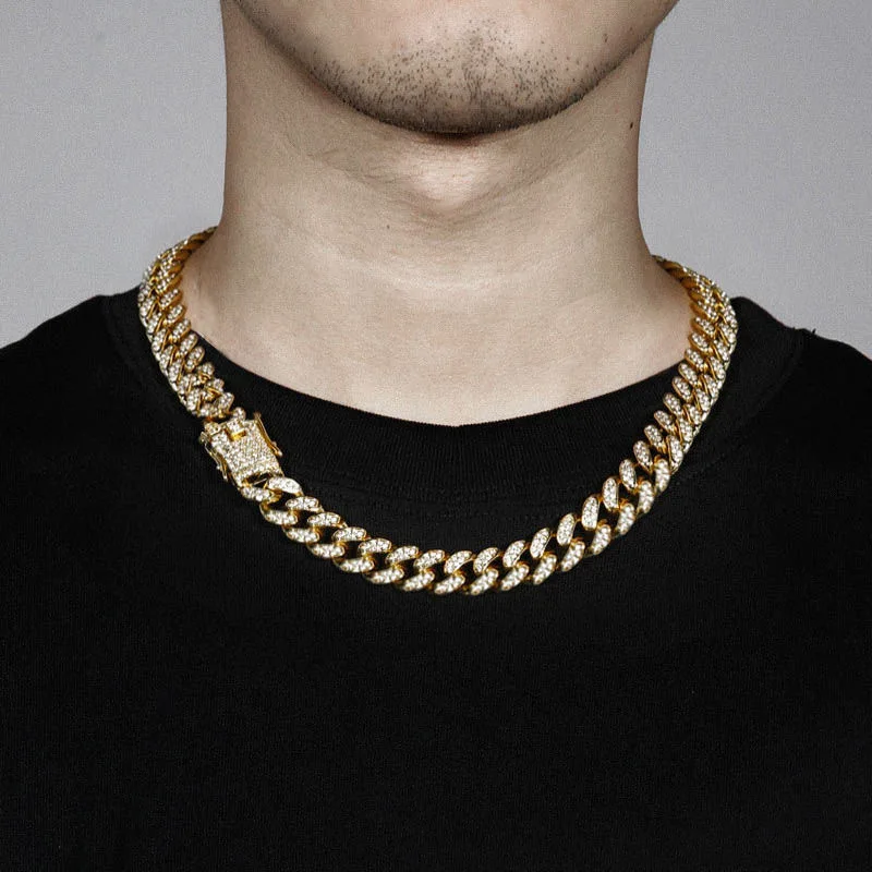 

Men's Hip-hop Rock and Rap Accessories HIPHOP Full Diamond Cuban Chain Diamond Gold Men's and Women's Bracelet Necklace Jewelry