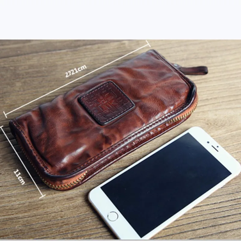 Винтажный Мужской клатч ручной работы из натуральной воловьей кожи удлиненный