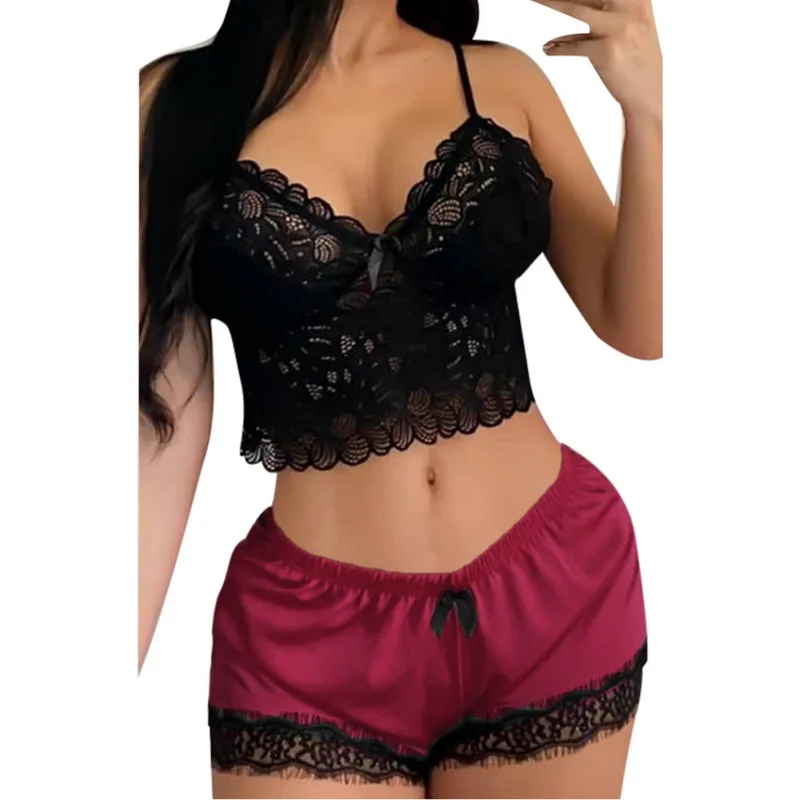 

Women Pajamas Lace Bow Sleepwear Sleeveless Strap Nightwear Trim Satin Cami Top Pajama Sets Sexy Nightgowns Nighty Sexy
