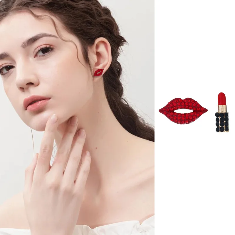 

Korean Fashion Sexy Red Lips Lipstick Earrings Women Girl Asymmetric Diamond Earrings Wholesale Trendy Fashion Gift
