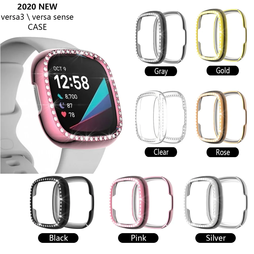 

Frame hard pc Case for Fitbit versa 3 / Sense Diamond Watch cases Cover Screen Protector Bumper Women Bling Protective Shell