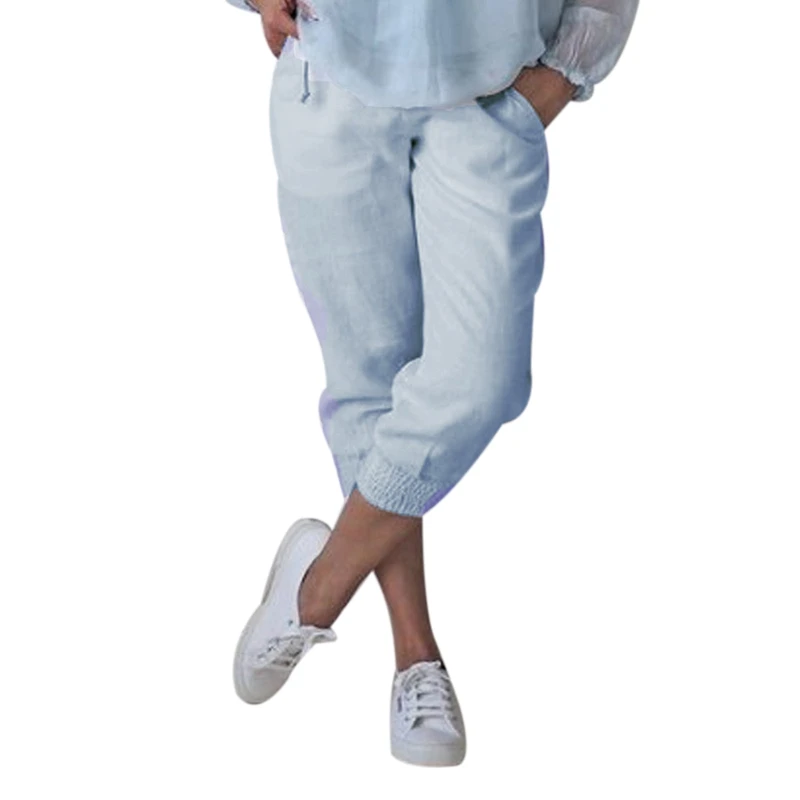light blue LITTHING белые женские брюки из хлопка короткие брюки Капри повседневные свободные женский с эластичной талией плюс размер летние женские брюки до середины икры - Color: light blue