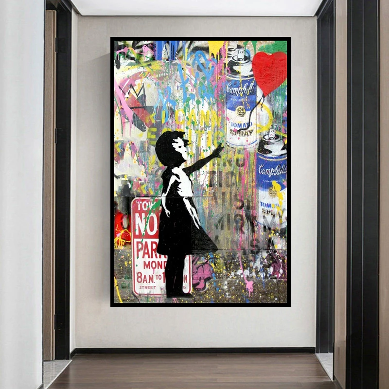 

Graffiti Art Girl Holding Balloons on Canvas Mural Wall Art Posters and Prints Pictures Children Room Wall Decoration