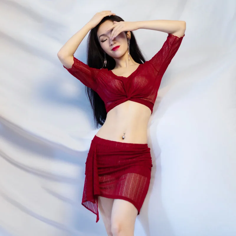 

Sexy short Sleeve Belly Dance Costume Set 2 Piece (Long Skirt Long) dancer Show Dress red sky blue Adults