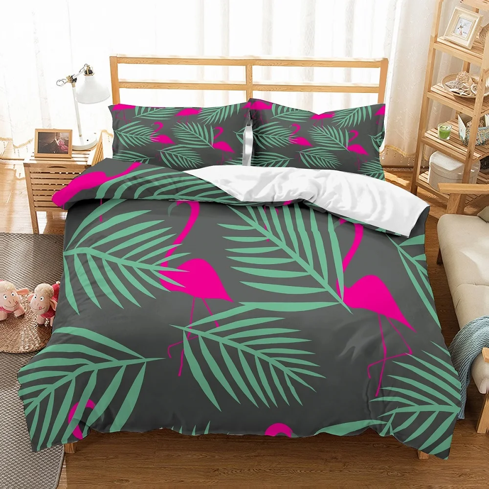 Розовое покрывало Фламинго в скандинавском стиле с принтом зеленых листьев