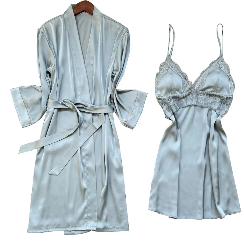 

Sexy Women Lace Nightwear 2 Piece Robe Set Faux Silk Sleepwear Casual Sleep Set Satin Kimono Bathrobe Gown Intimate Lingerie