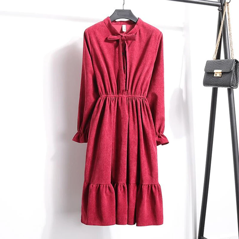 2019 Autumn Vintage Corduroy Dress Women Elastic Waist Solid color Plus Size Dresses Elegant Party Long Sleeve Vestidos | Женская одежда
