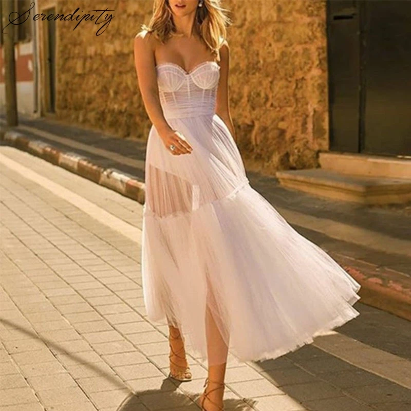 Сетчатое белое Элегантное платье без бретелек Осеннее длинное формальное халат