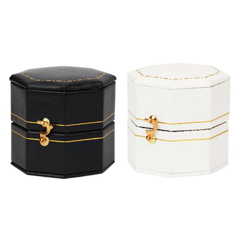 

2 Pcs Mini Octagonal Pu Leather Vintage Jewelry Display Proposal Wedding Ring Box Black & White