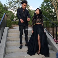 african long sleeves lace mermaid two piece black prom dresses with lace long sleeve a line tulle side split evening party gowns