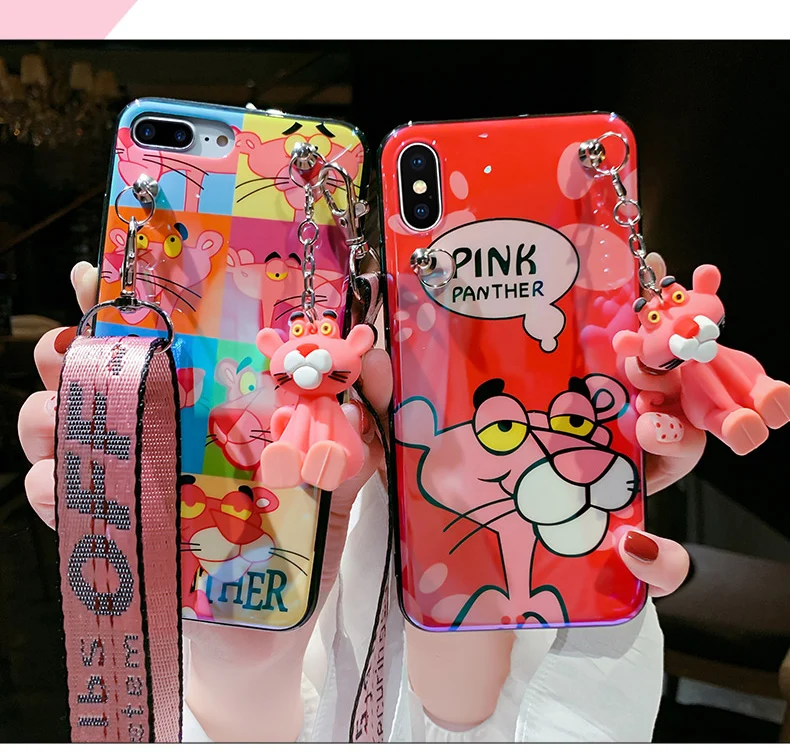 For iPhone XS max XR X Pink panther case Cute blue ray soft 8plus 7 8 7P 6 6S 6P phone cover +toy +strap |
