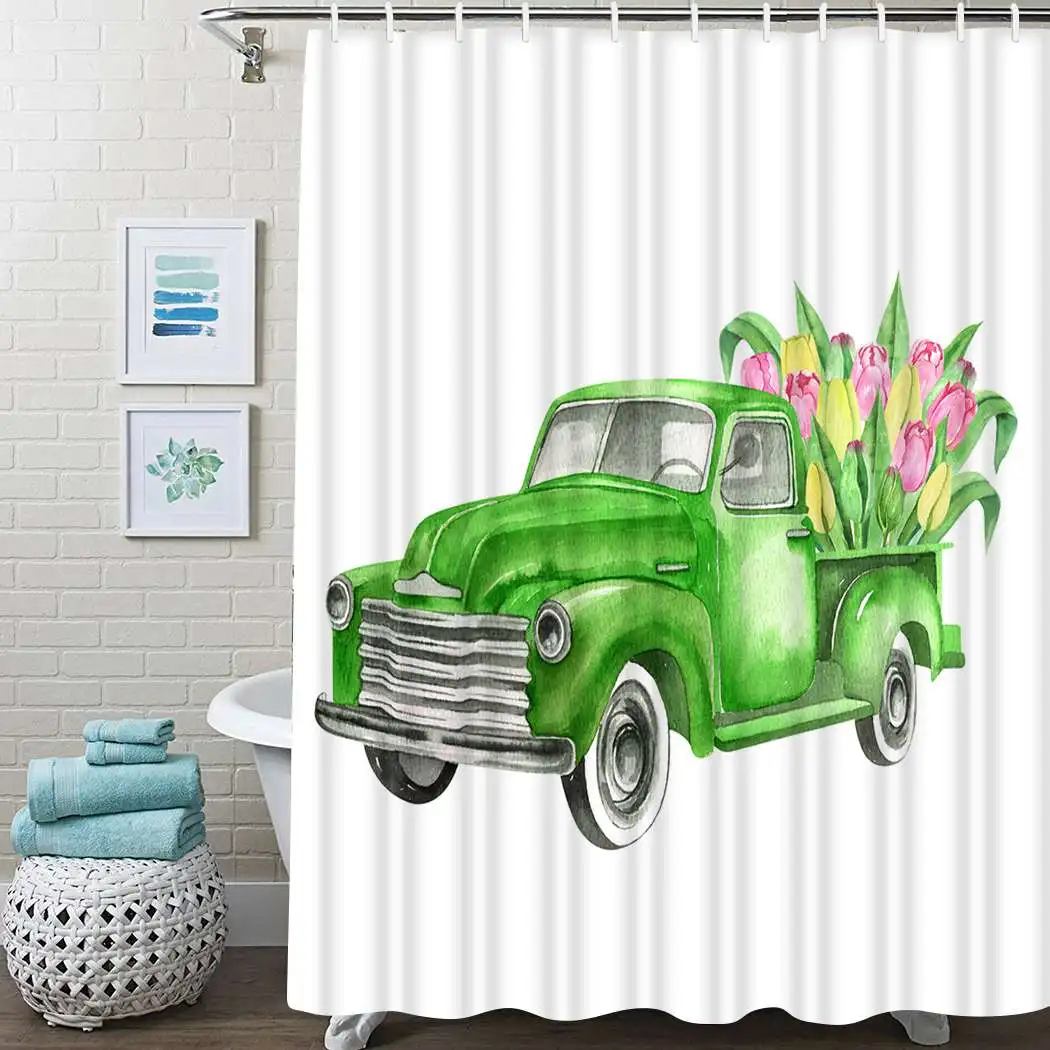 

Vintage Truck Flower Shower Curtain Cute Lorry Shower Curtain Waterproof Fabric For Bathroom Decor Shower Curtain Set With Hooks