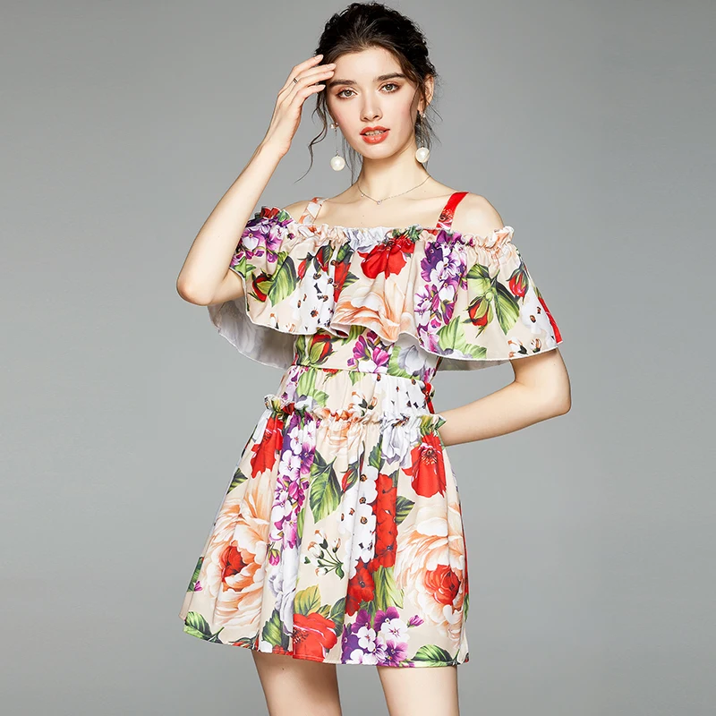 

2020 NEW Summer Cut Off Shoulder Elastic Waist Mini Dresses Women's Charming Rose Flower Print Ruffles Beach Short Dress Robe