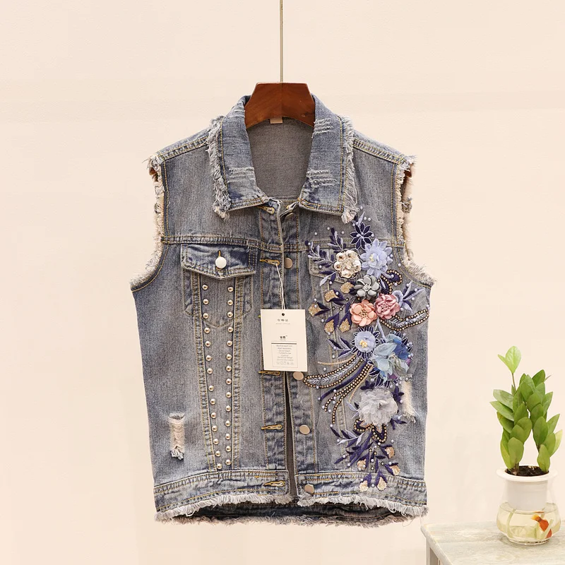 Джинсовый женский жилет 2020 осенняя Новинка корейская мода вышивка бисером цветы
