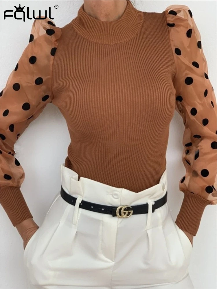 FQLWL осенне зимний вязаный свитер Женское пальто сетчатый в горошек с пышными