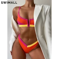 splicing bikini 2021 new v neck swimsuit female push up swimwear ribbed bikini set beach bathing suit summer bather biquini