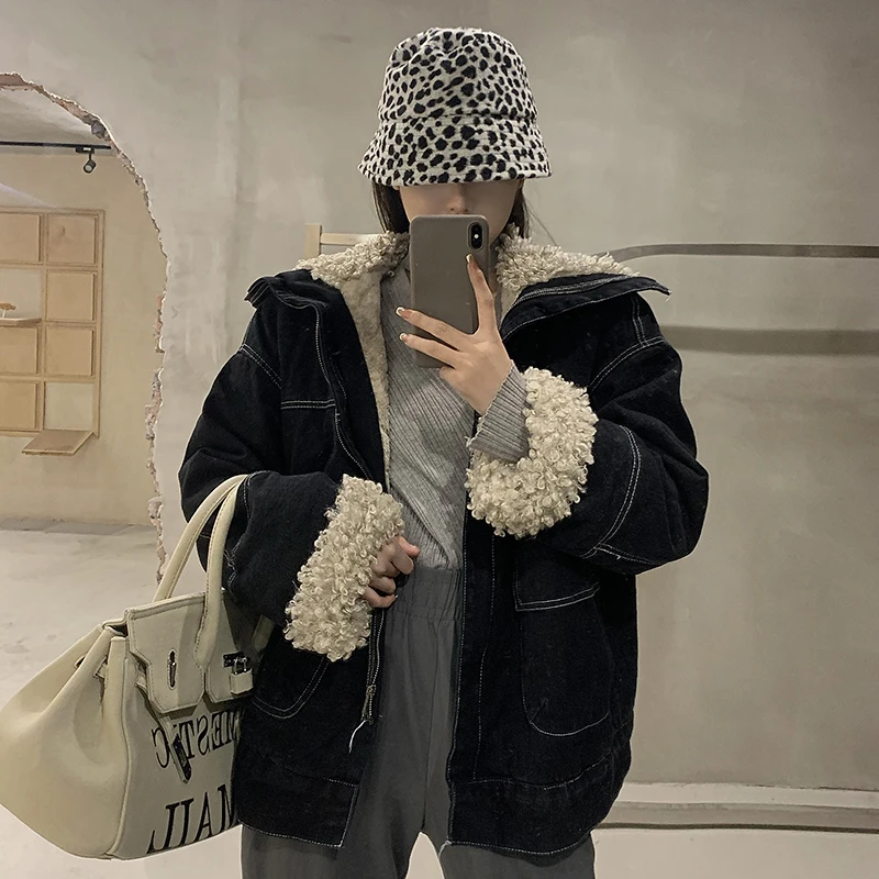 

Пальто женское зимнее 2021, модная зимняя куртка в стиле ретро, подходящая ко всему джинсовая хлопковая куртка из овечьей шерсти desigual, толстые джинсовые пальто