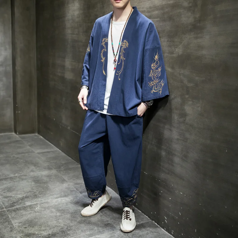 Мужские комплекты оригинальный хлопковый костюм Hanfu летняя вышитая Футболка