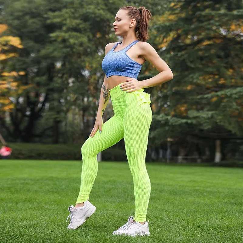 

High waist ruffle seamless leggings Women fluorescent fitness gym push up yoga pants 10% spandex sexy black leggings sportwear