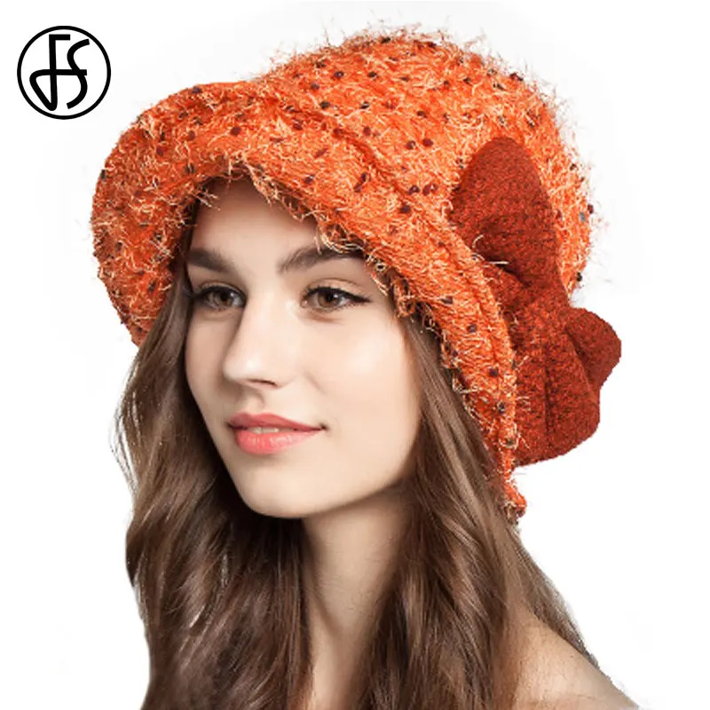 Orange buket hat FS модная женская шерстяная шляпа, зимние складывающиеся синие оранжевые коричневые фетровые шляпы с бантом, женские теплые шапки Sombrero De Pesca Mujer - Цвет: Orange buket hat