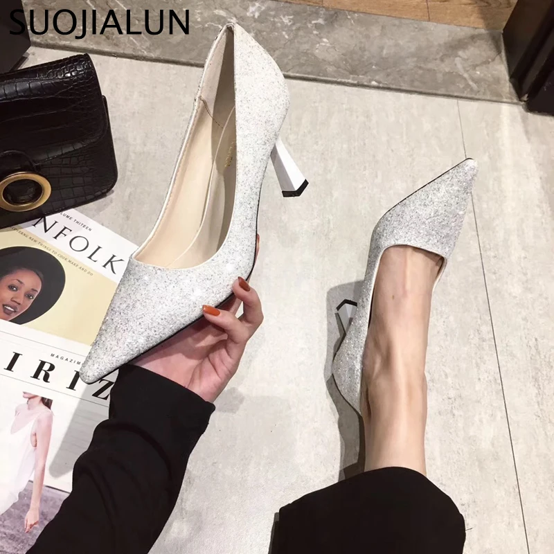 SUOJIALUN/женские туфли-лодочки; пикантные туфли с острым носком на высоком тонком каблуке; модная блестящая женская обувь; офисные женские туфли-лодочки; модельные туфли