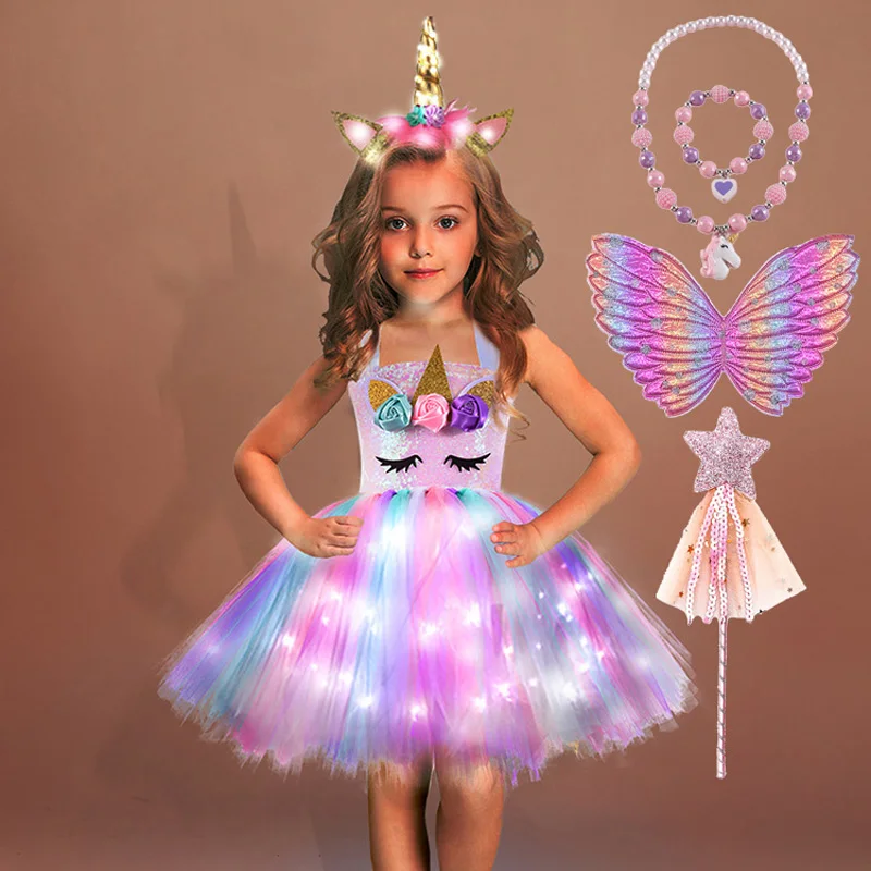 Girls Unicorn LED Tutu Dress with Wings Headband Sequins Kids Ballet Ball Princess Costume for Birthday Party Halloween Cosplay |