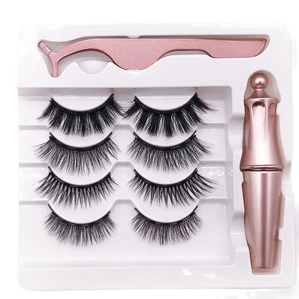 

Free Shipping 4 Pairs False Eyelashes 1 liquid Eyeliner Glue-Free Magnetic Eyeliner Tweezers Set Makeup Tools Long And Natural