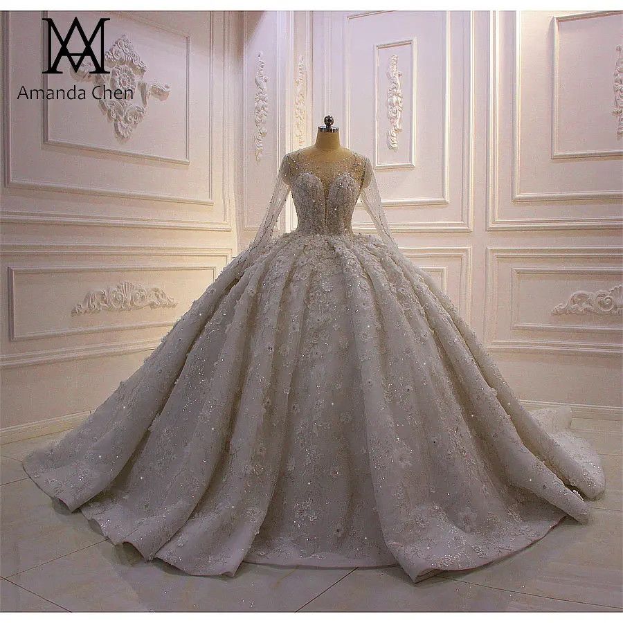 Robe mariage femme бальное платье с длинными рукавами украшенное стразами и 3D цветами
