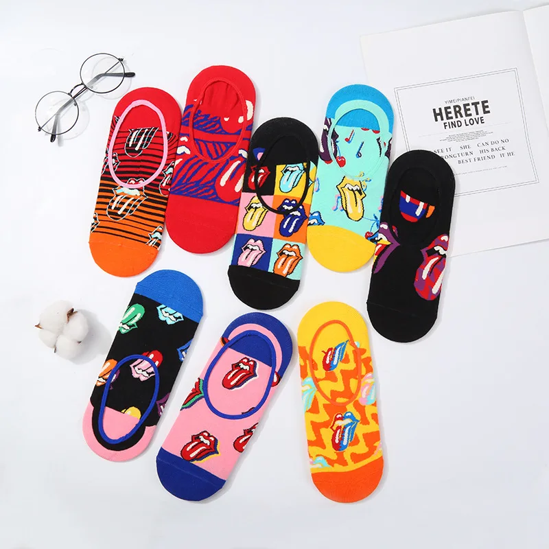 

3 Pairs of New Style Trendy Personality Tongue Cut Boat Socks Summer Thin Cotton Silicone Non-slip Men's and Women's Socks