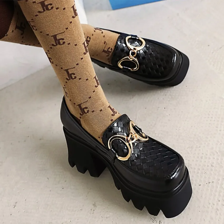 

Fanyuan Square Toe Weaved Pattern Platform Chunky High Heels Punk Gothic Womens Shoes Loafers Slip-on Woman Creeperss Pumps