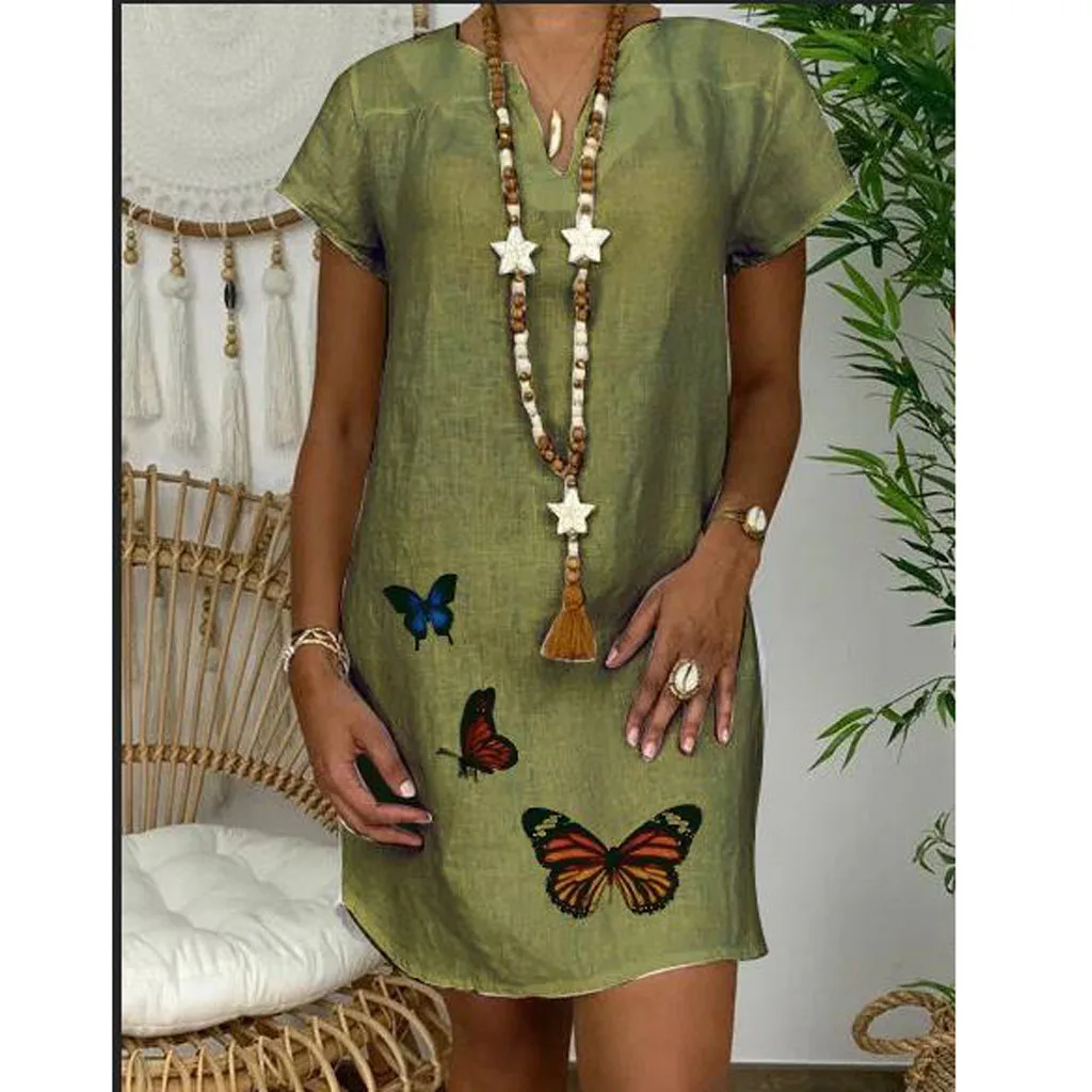 Платье женское из хлопка и льна с v образным вырезом коротким рукавом|Женские