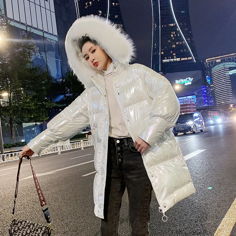 2020 New Long Glossy Hooded Parka Jacket Women Warm Thicken With Fur Collar White Long Winter Coats Parka