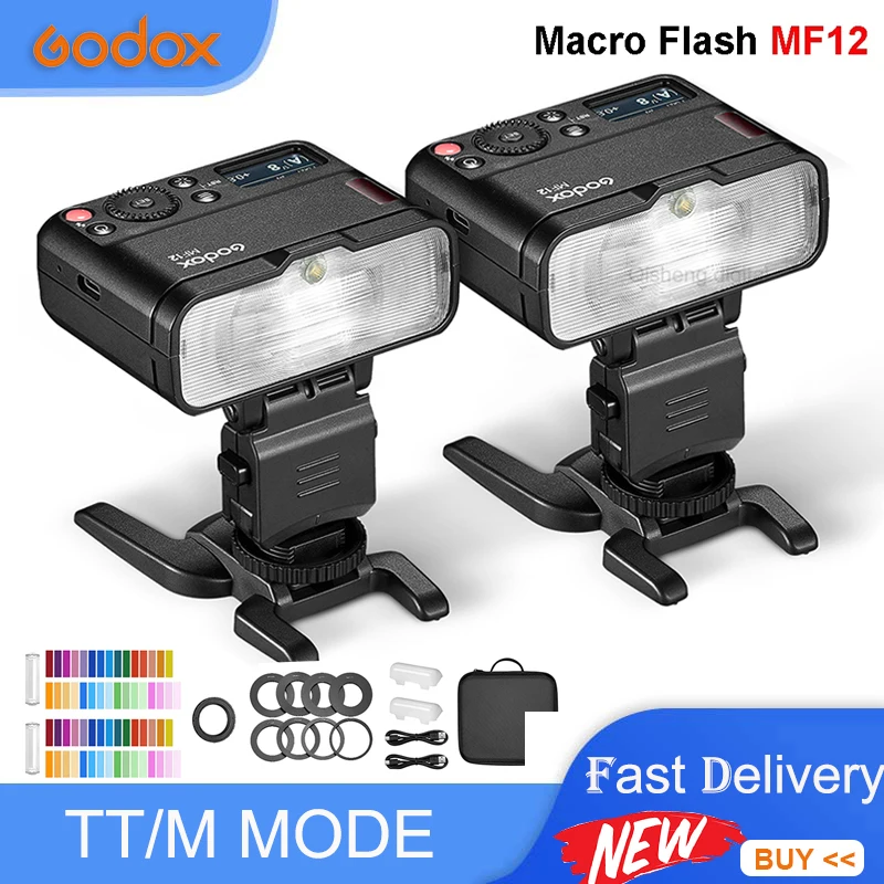 

Godox MF12-K2 Macro Flash 1 / 2-Light Kit 2.4 GHz Wireless Control 0.01 to 1.7s Recycling Time with Color Filter Diffuser