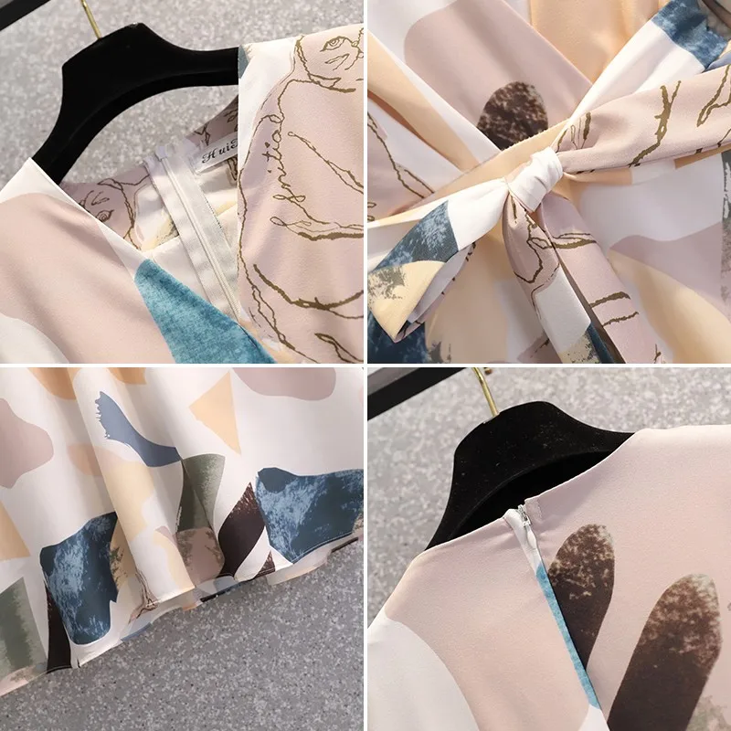 

Plus Size Women Summer Chiffon Party Dress New 2021 Fashion England Style V-neck Print Ladies Elegant A-line Dresses W311